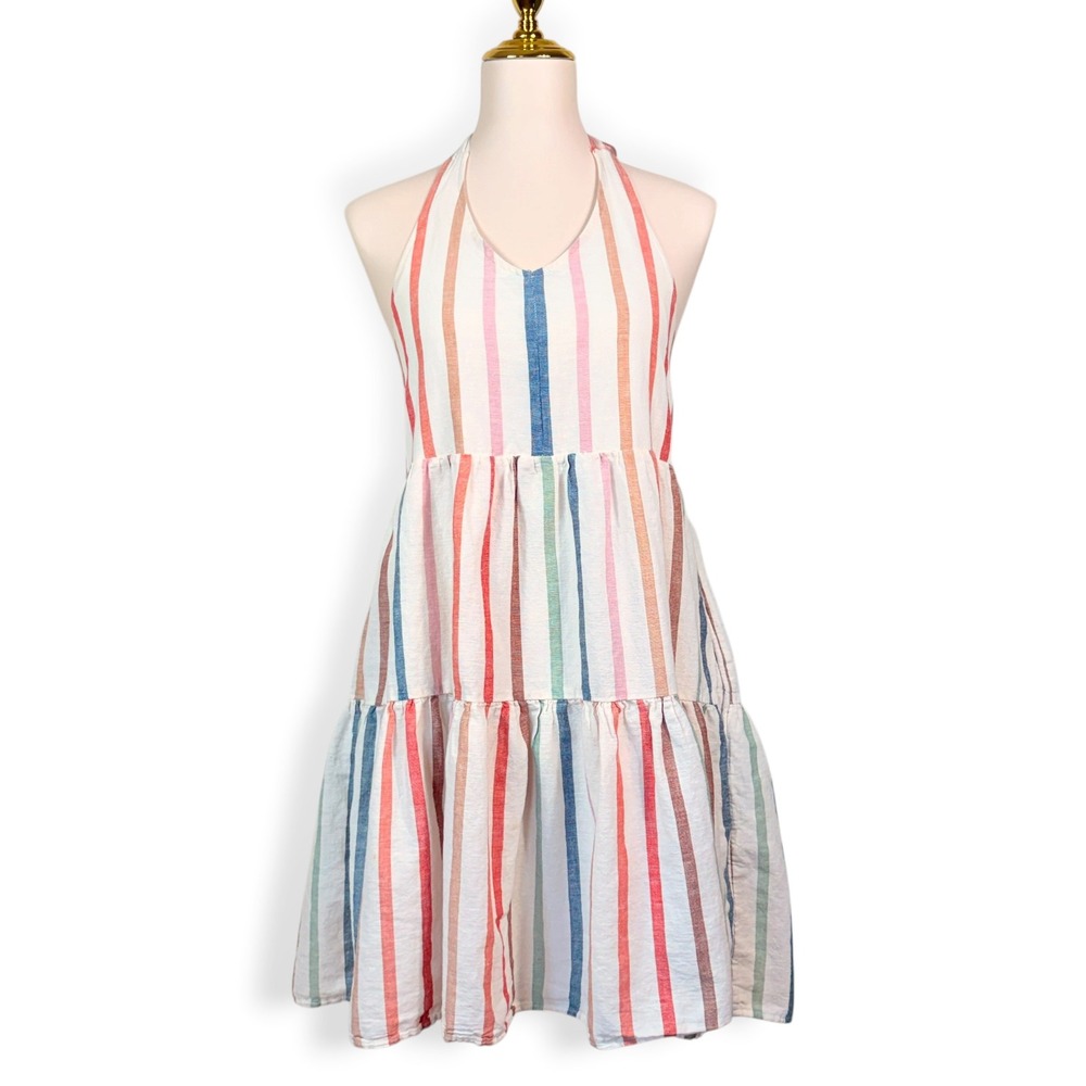 American Eagle Halter Dress L Multi Striped Coastal Linen Blend Tiered Smocked